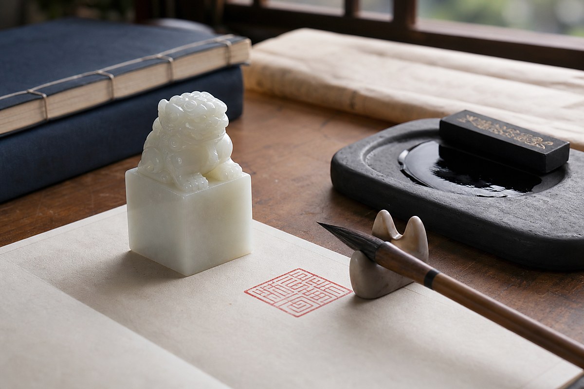 Jade seal on a scholar desk with brush, inkstone, book, and red seal impression
