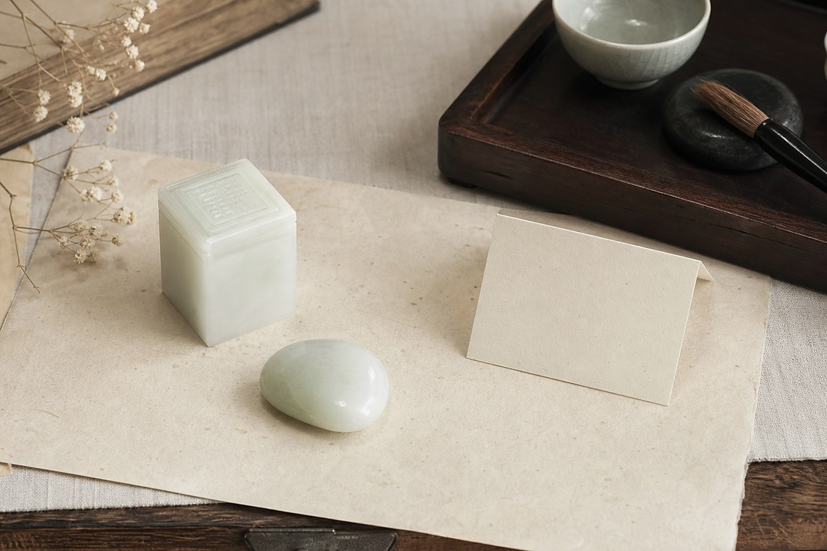 Square white jade seal beside a smooth jade pebble on warm parchment