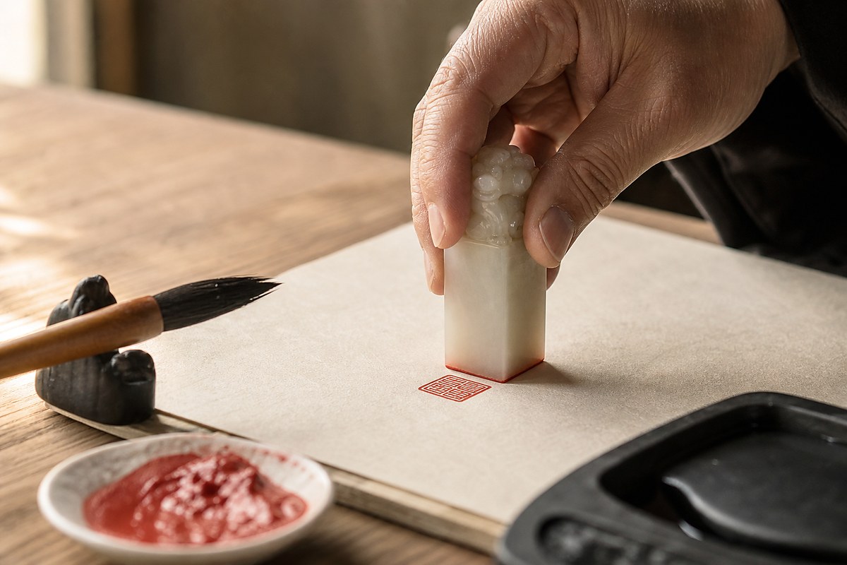 Hand pressing a white jade seal into cinnabar paste and onto blank rice paper
