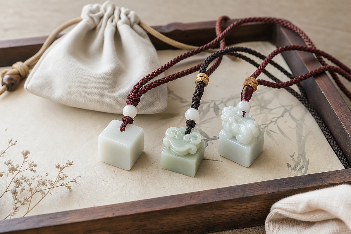 Three small jade seal pendants with braided cords arranged on a neutral jewelry tray