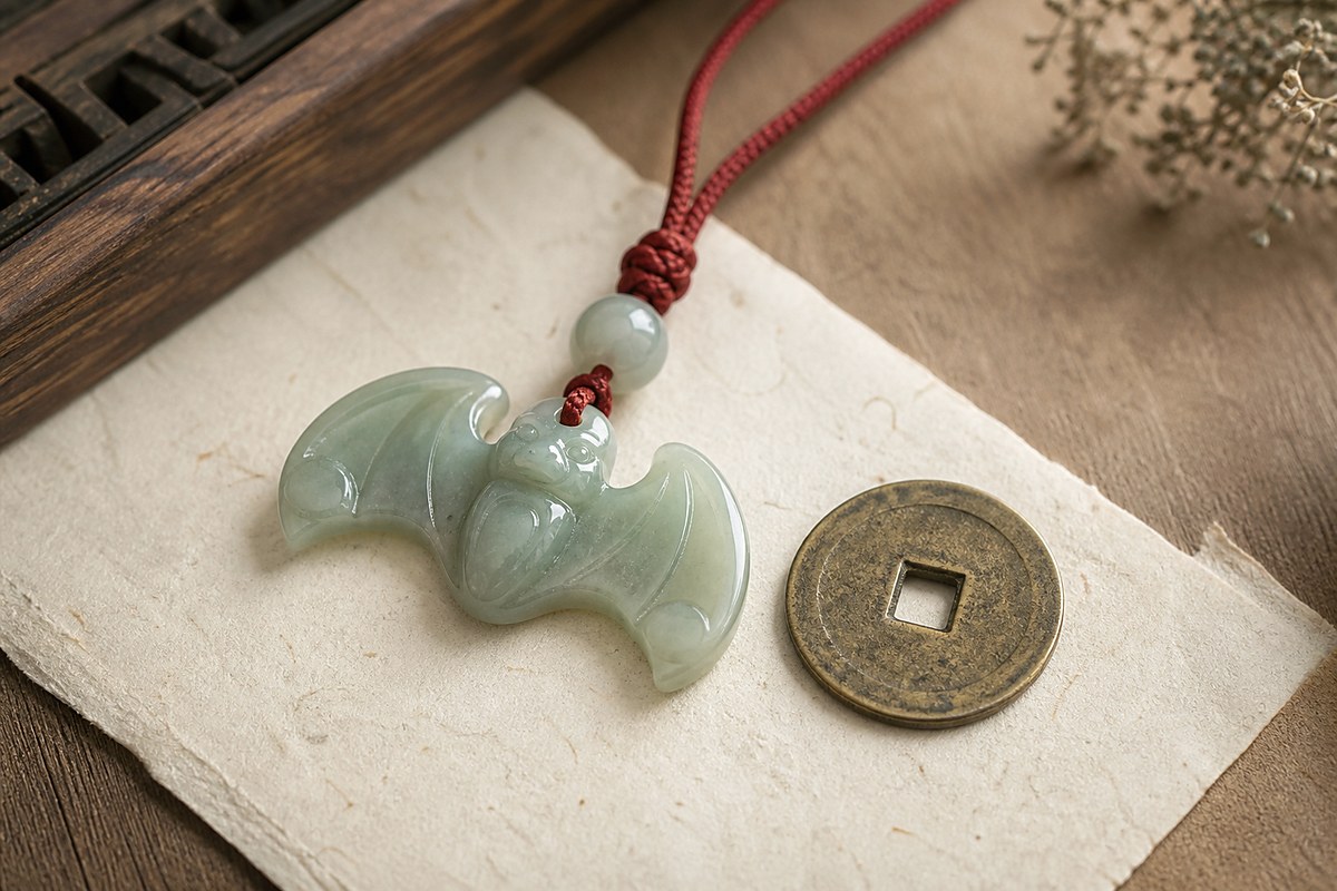 Jade bat charm beside an ancient coin for Fortune Before Your Eyes symbolism