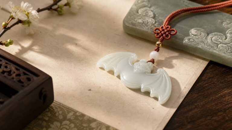 Pale jade bat pendant on parchment with cloud carving and cinnabar cord for bat Fu symbolism