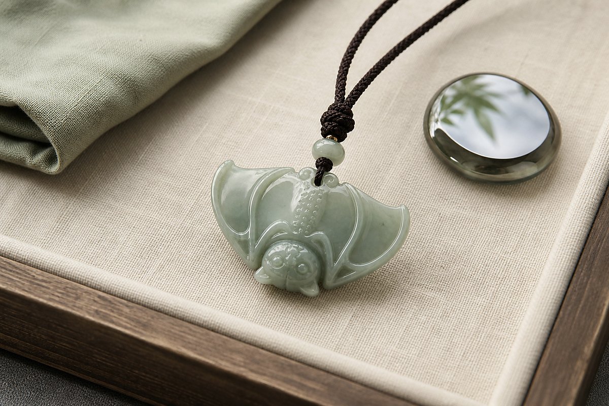 Jade bat pendant with braided cord on neutral linen showing wearing direction symbolism