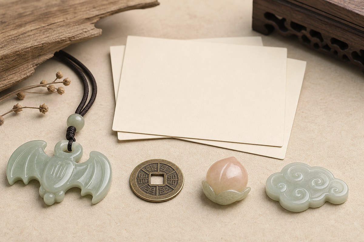 Jade bat pendant with coin peach and cloud ornament arranged as a bat Fu symbolism reference still life
