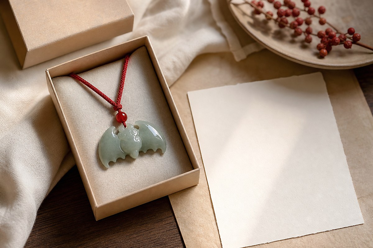 Jade bat pendant in a neutral gift box with note card and cinnabar cord for a blessing gift
