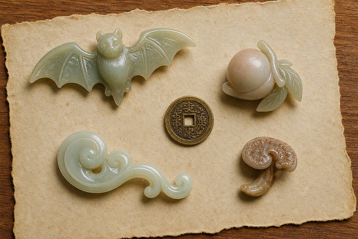 Jade bat with peach coin ru yi cloud and lingzhi carvings for auspicious symbol pairings