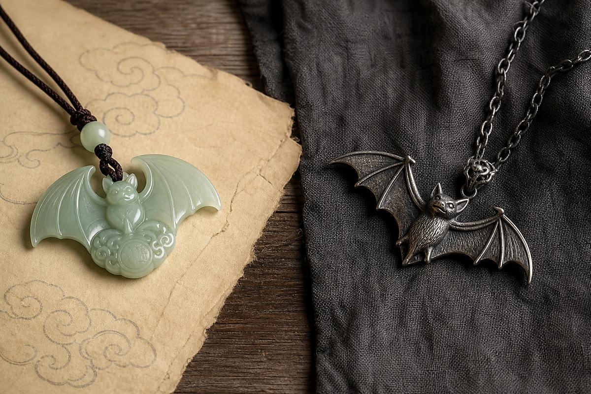 Jade bat pendant beside restrained dark silver bat jewelry comparing Eastern and Western bat symbolism