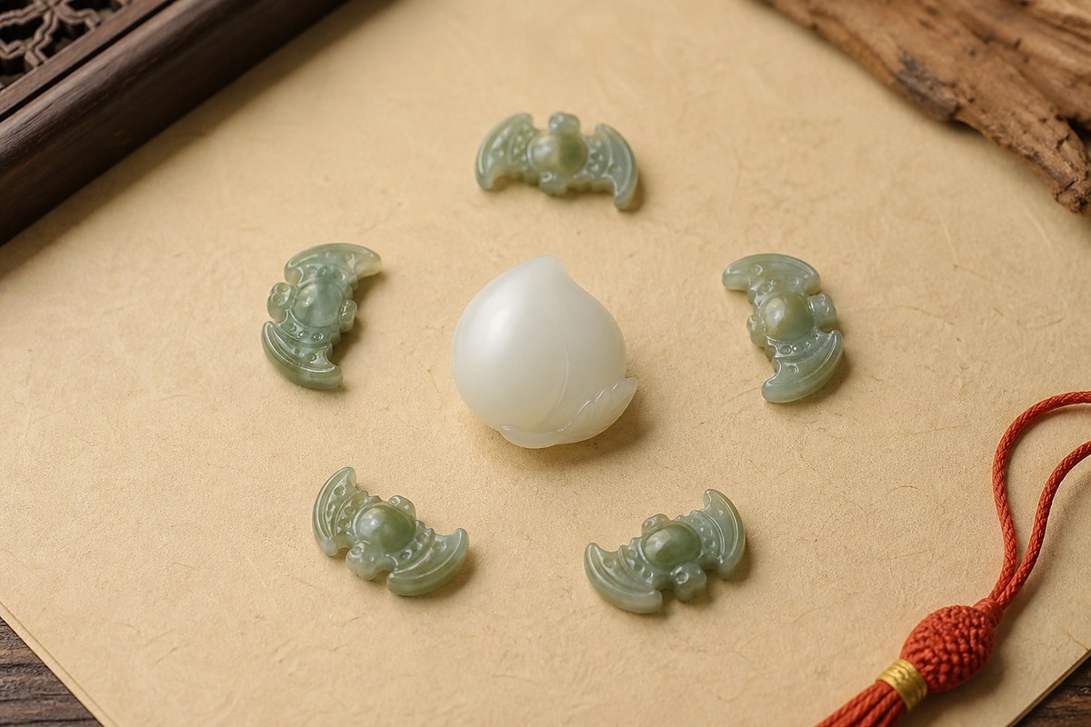 Five jade bat motifs arranged around a white jade longevity peach for Five Blessings symbolism