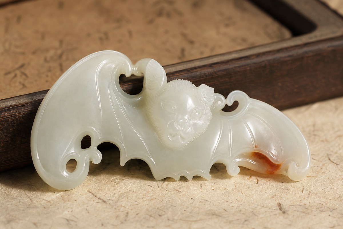 Close view of a carved jade bat pendant with openwork wings relief lines and red skin color