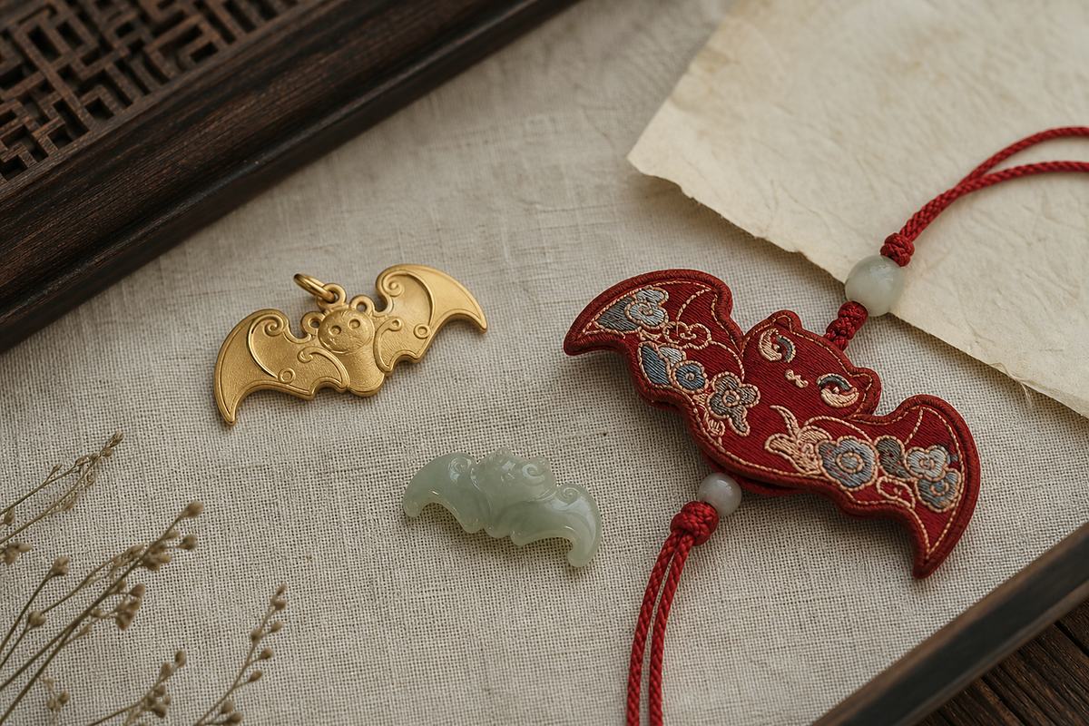 Matte gold bat charm jade bat bead and embroidered bat sachet on neutral linen for modern bat jewelry ideas
