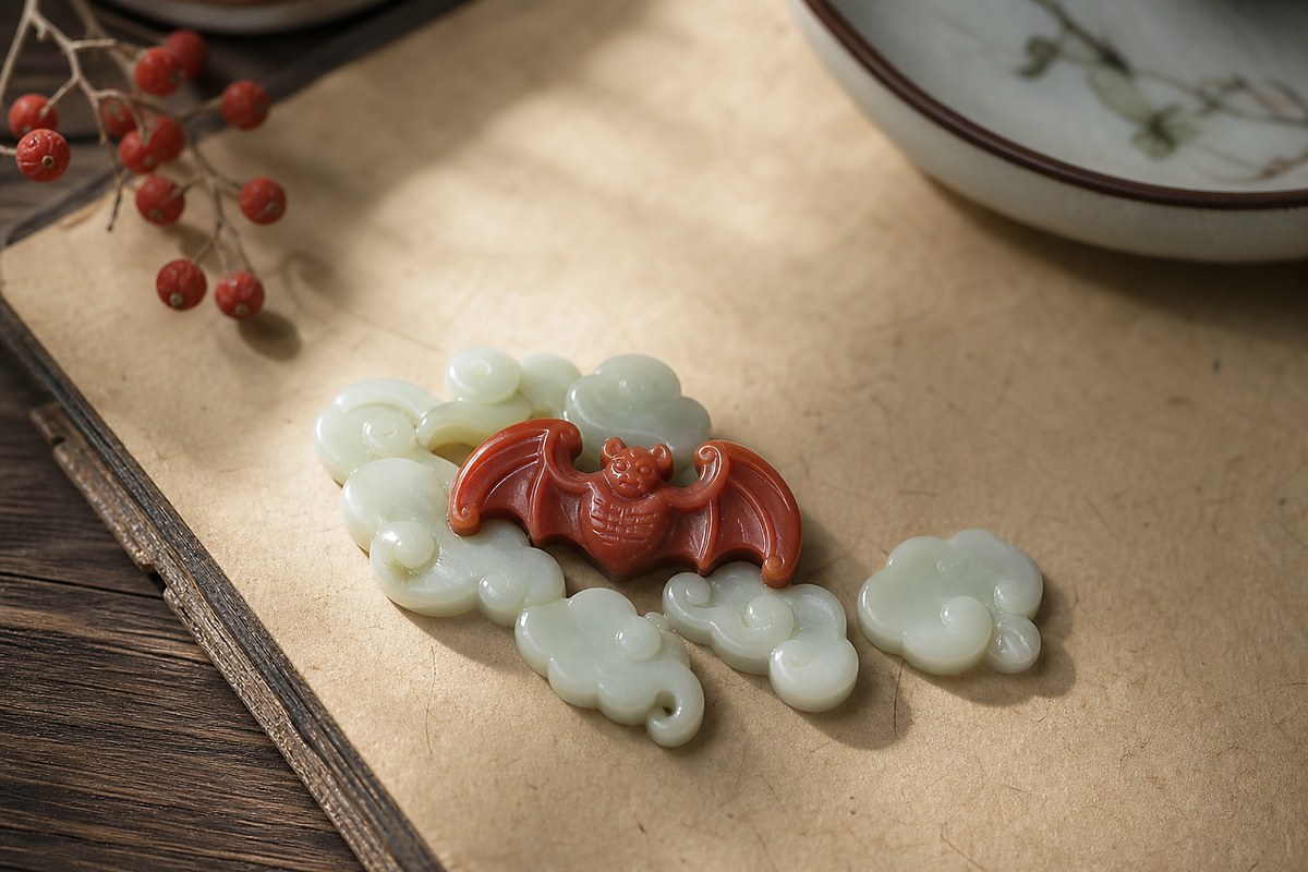 Restrained red bat charm among pale jade cloud forms for Great Fortune symbolism