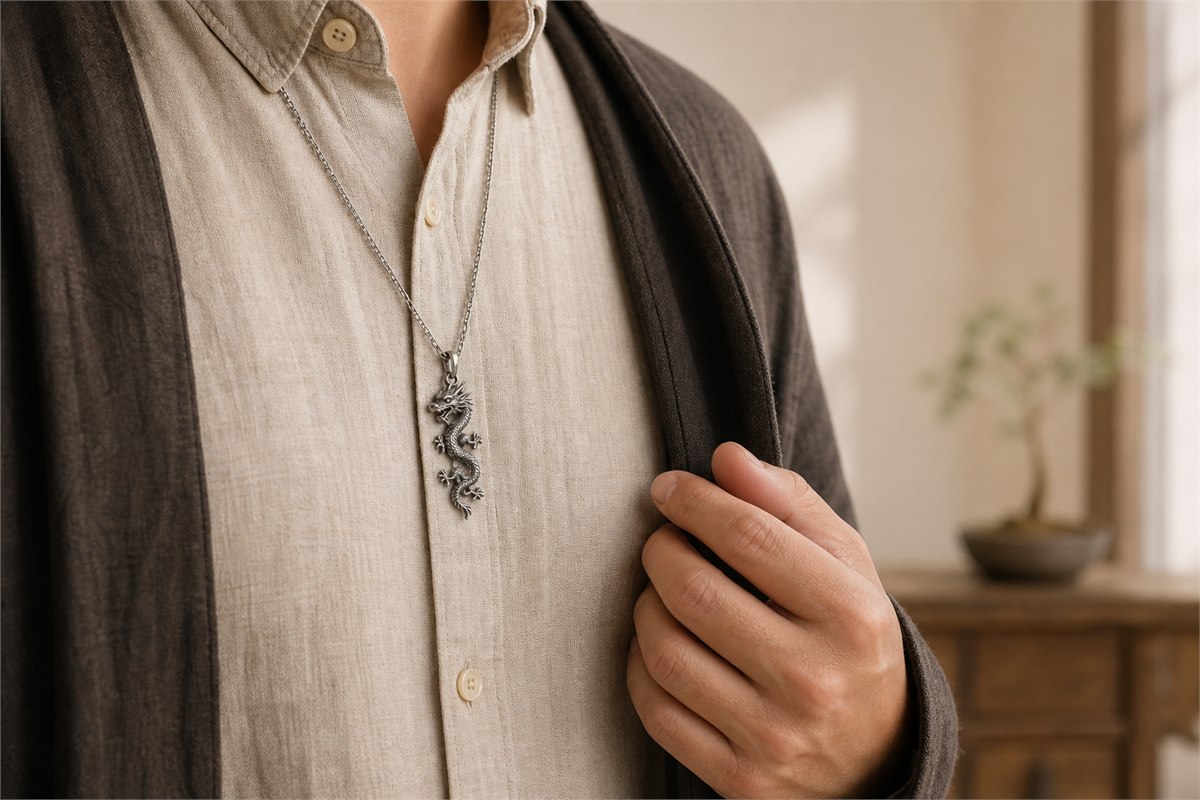 Adult wearing a compact silver ascending dragon pendant over neutral clothing