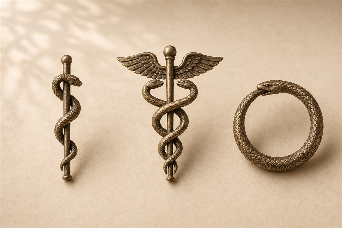 Single-snake staff, winged two-snake caduceus, and tail-biting ouroboros shown as separate bronze studies