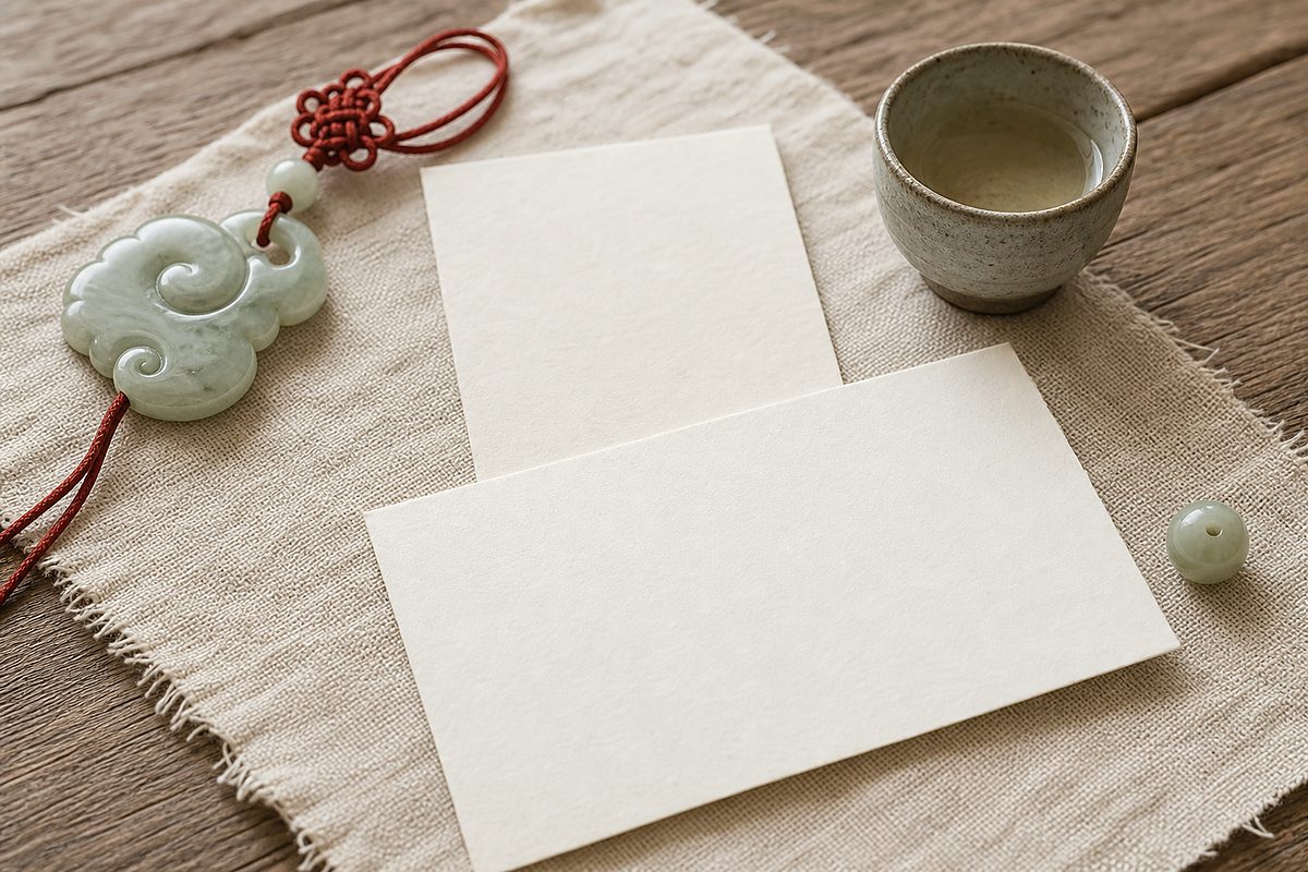 Jade auspicious cloud charm with blank note cards, tea cup, jade bead, and red cord