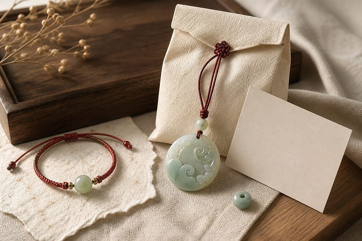 Jade auspicious cloud pendant with red cord, cream gift pouch, and blank card