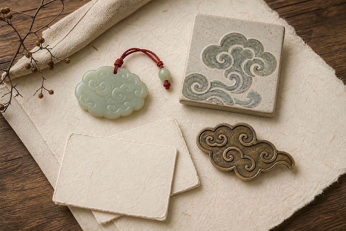 Jade cloud charm, ceramic cloud tile, and blank cards for auspicious cloud meaning