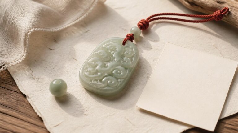 Jade auspicious cloud pendant on handmade paper for Xiangyun symbolism