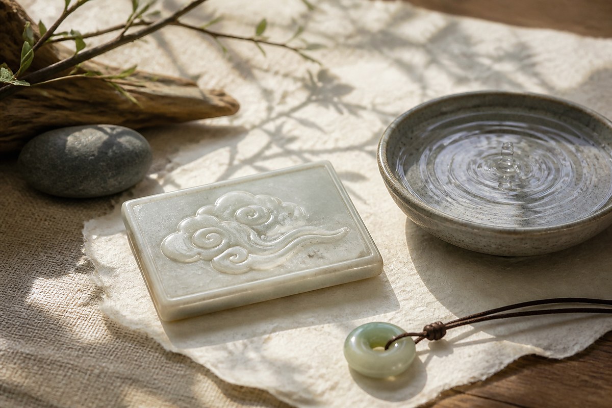 Ceramic cloud motif with water dish, stone, and jade bead on warm paper
