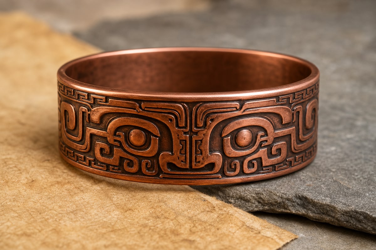 Wide red copper band with a symmetrical mask-inspired relief and geometric border