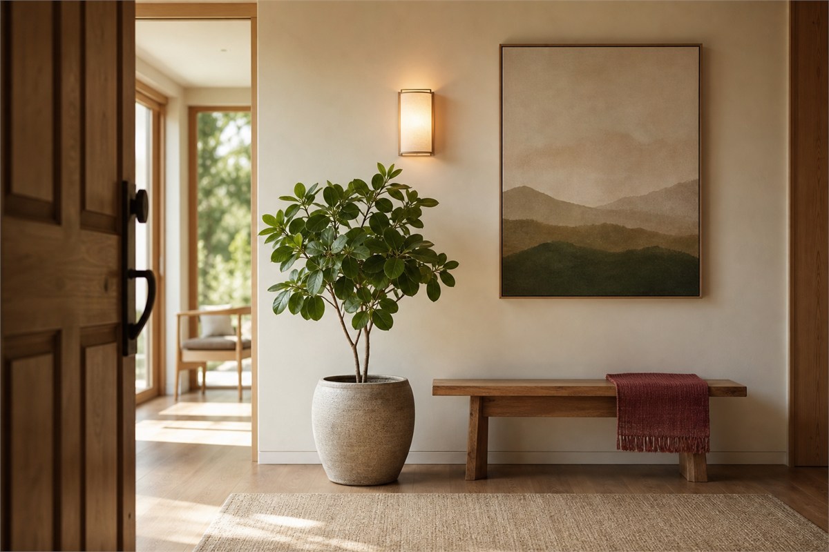 Entryway focal wall with a healthy green plant, calm abstract landscape art, warm light, and a small muted red accent
