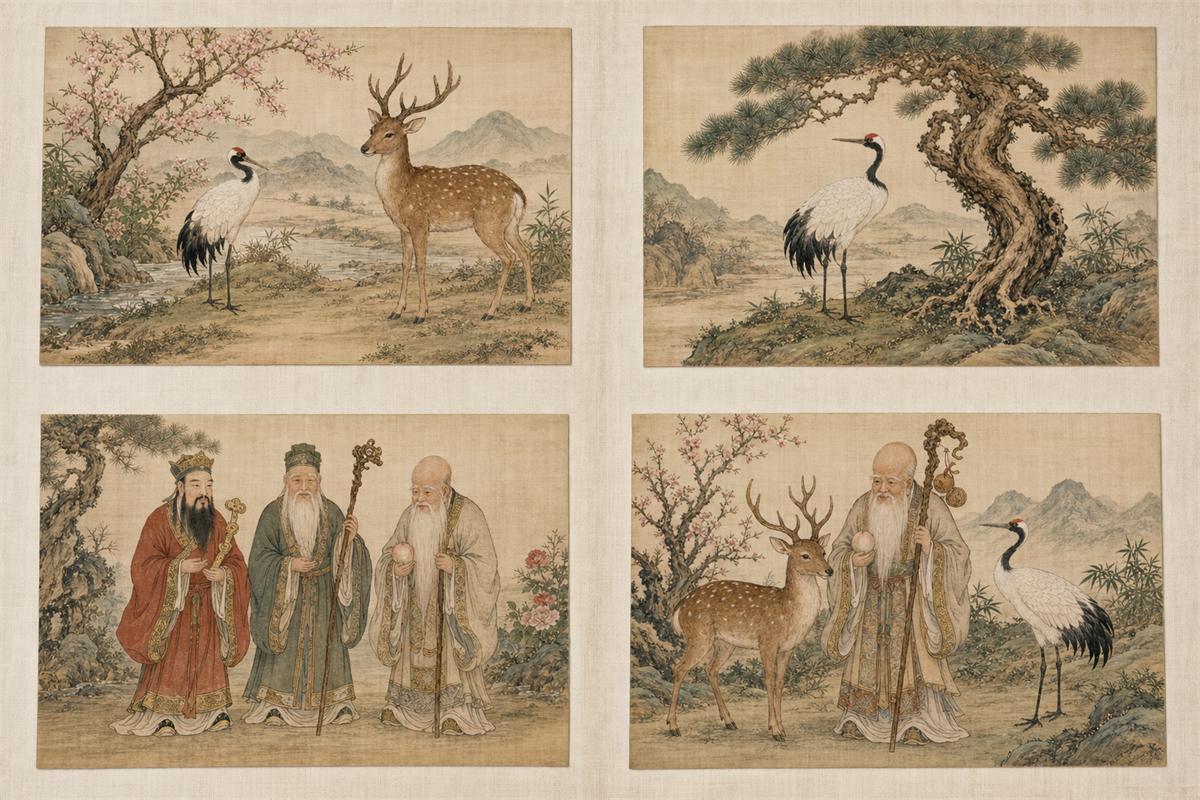 Four silk panels showing crane with deer, crane with pine, three star gods, and Shouxing with crane and deer