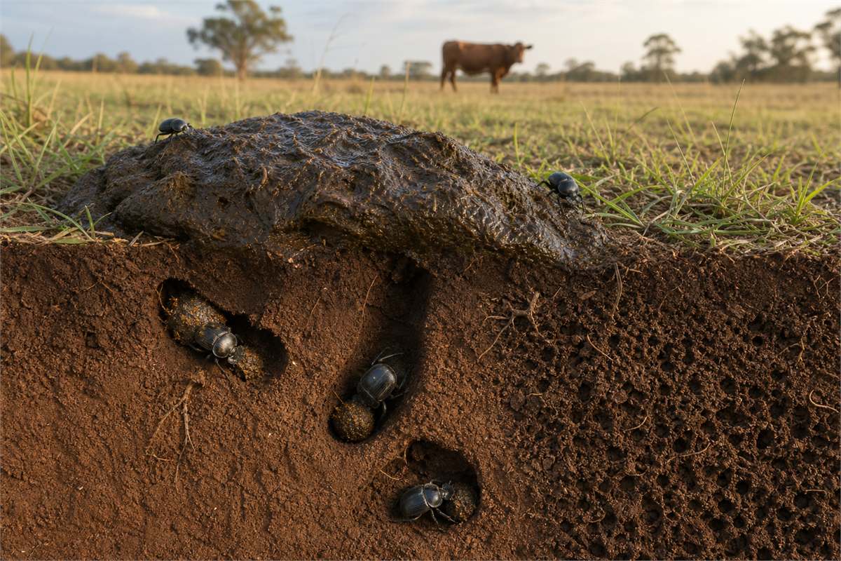 Cutaway of dung beetles tunneling beneath a cattle dung pad in an Australian pasture.