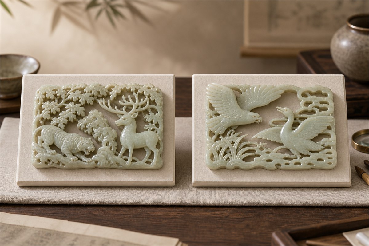 Two openwork jade plaques comparing deer and tiger in woodland with a falcon and goose among water plants