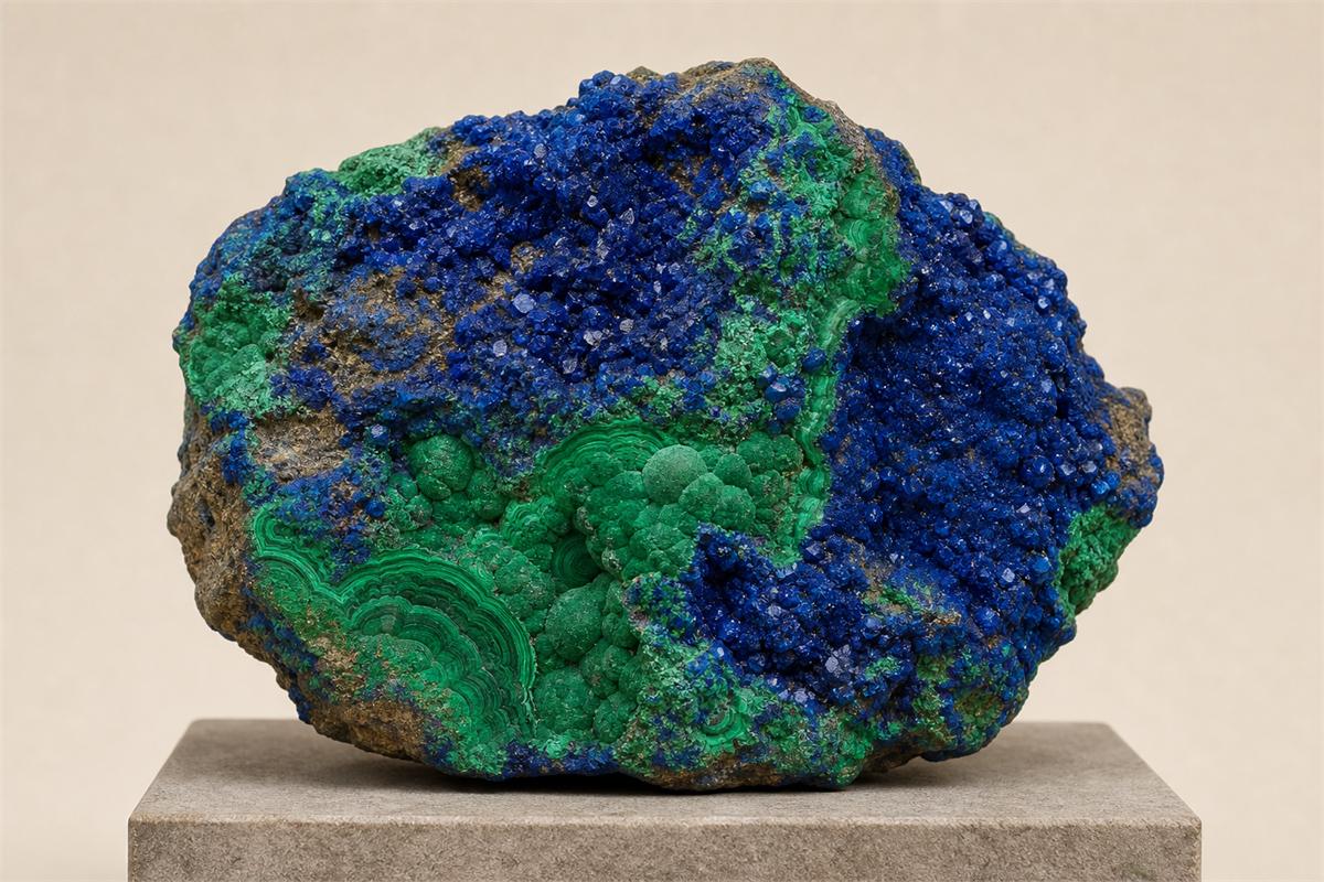 Natural azurmalachite specimen with deep blue azurite and banded green malachite in brown host rock
