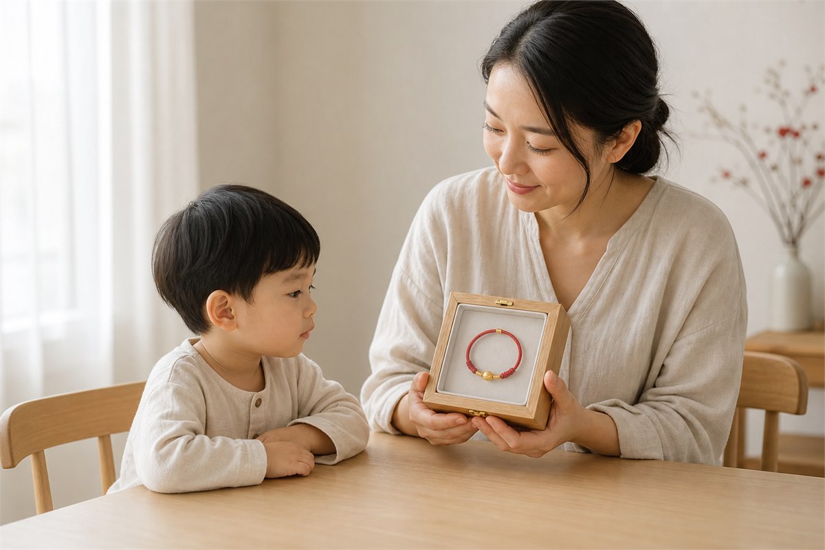 Baby gold bracelet secured in a keepsake box while an attentive adult holds an awake baby