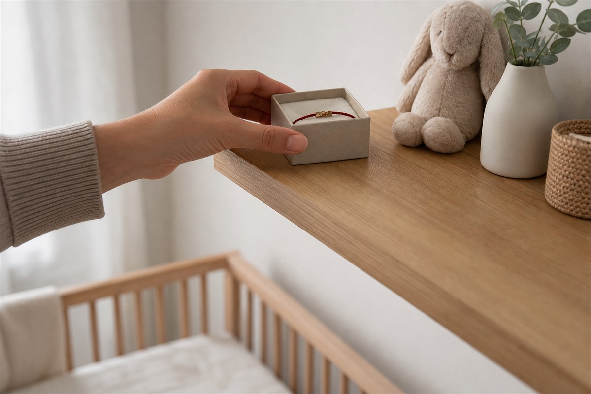 Adult hand placing a boxed red cord keepsake bracelet on a high nursery shelf above an empty crib