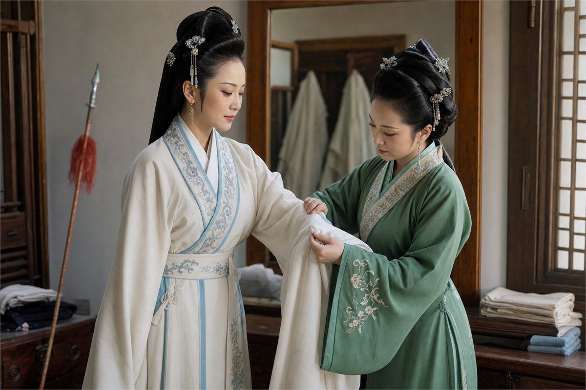 Two anonymous opera performers in ivory and green costumes adjusting an embroidered sleeve before rehearsal