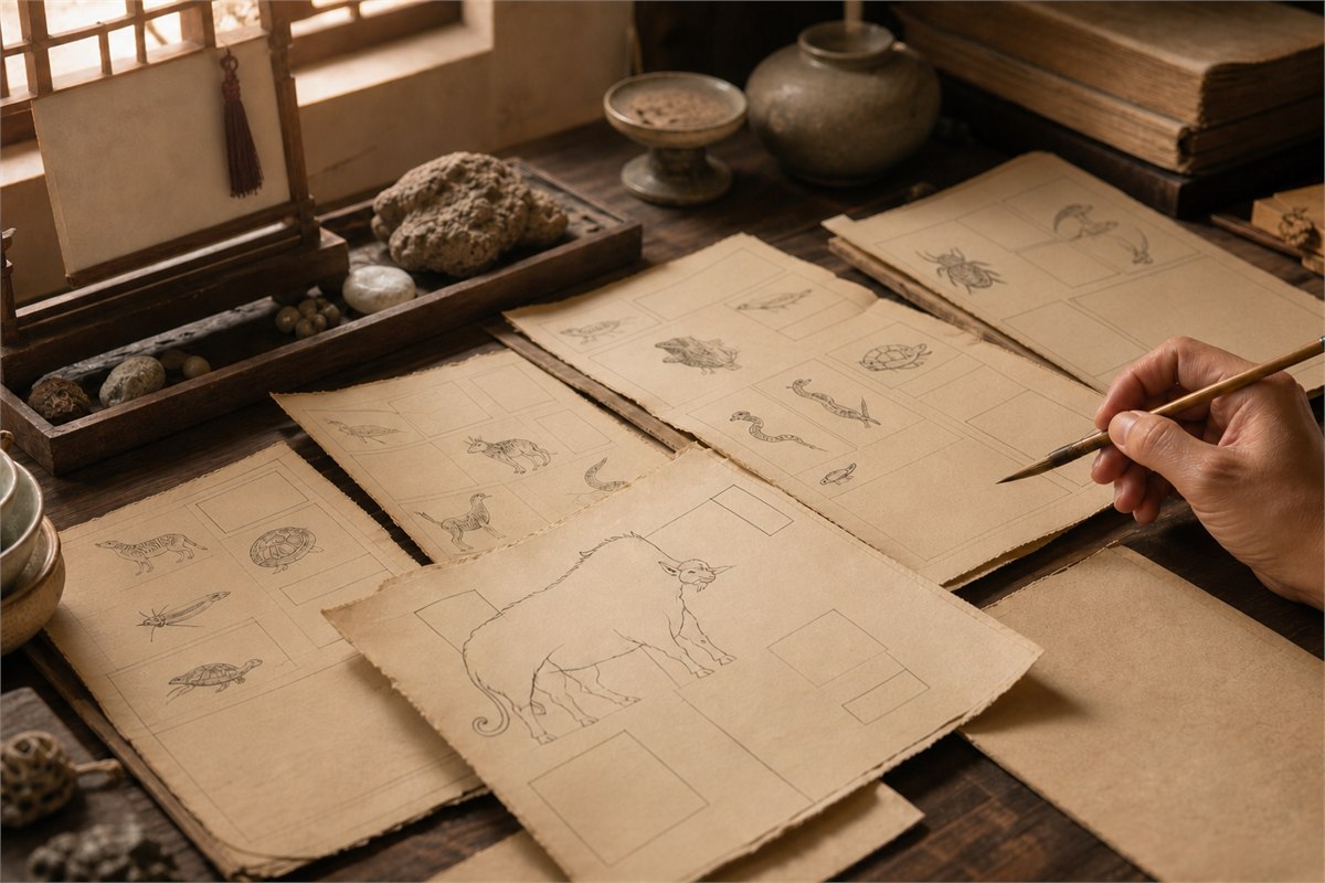 Scholar sorts worn folios with varied creature silhouettes and blank diagram boxes