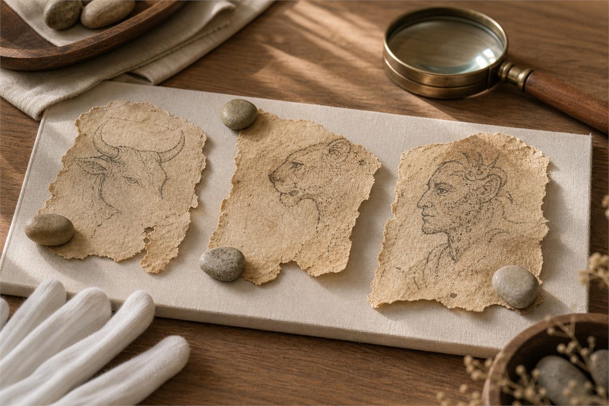 Three paper fragments with different incomplete creature outlines under conservation weights
