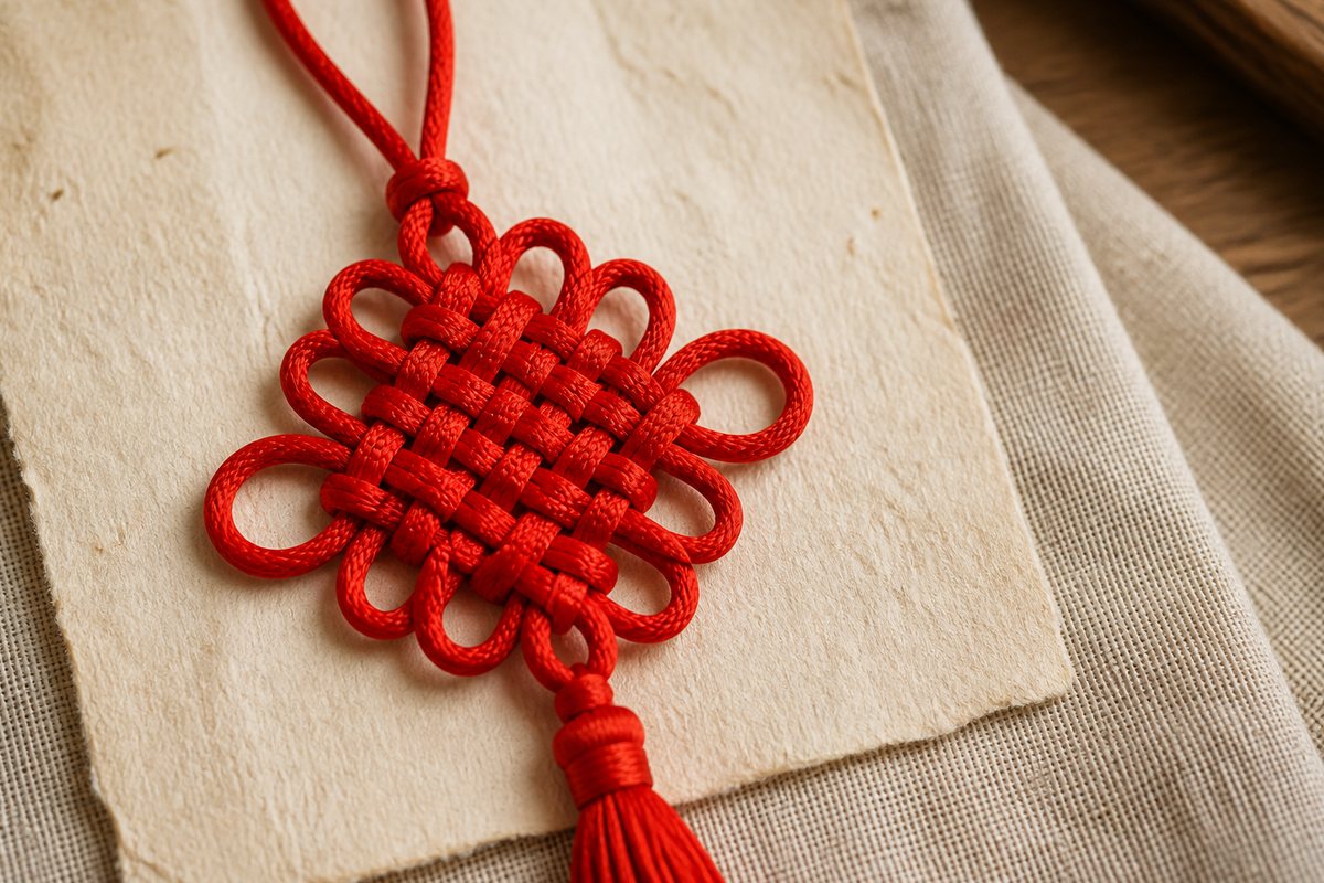 Balanced red cord knot showing loops, symmetry, and hidden cord ends