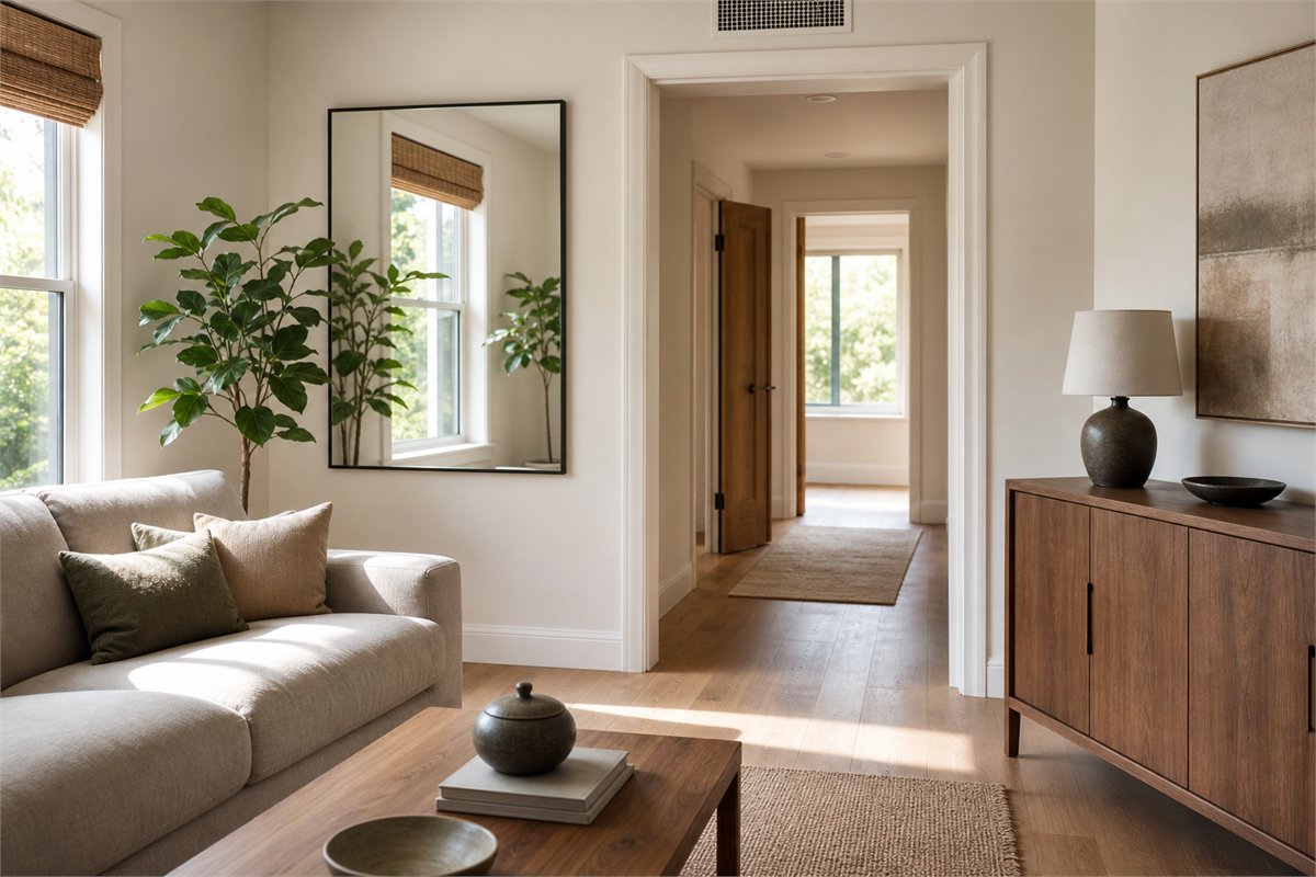 Bright living room with a secure wall mirror, healthy plant, sofa, cabinet, and open doorway