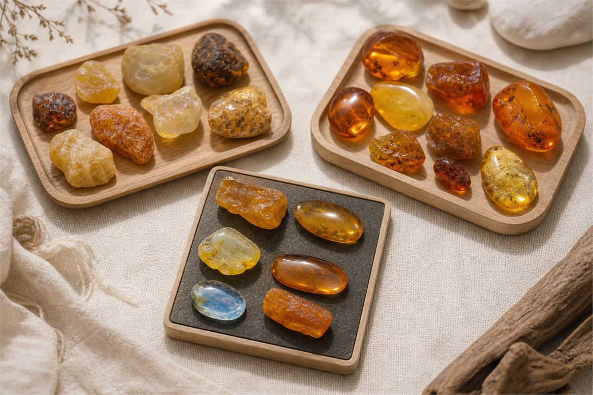 Separate trays of golden, waxy, reddish, and blue-effect amber specimens.