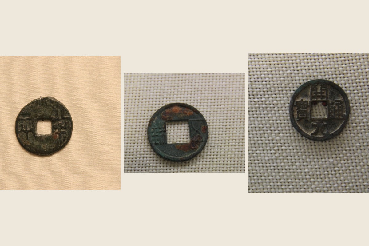 Museum examples of a Ban Liang coin, Western Han Wu Zhu coin, and Tang Kaiyuan Tongbao coin