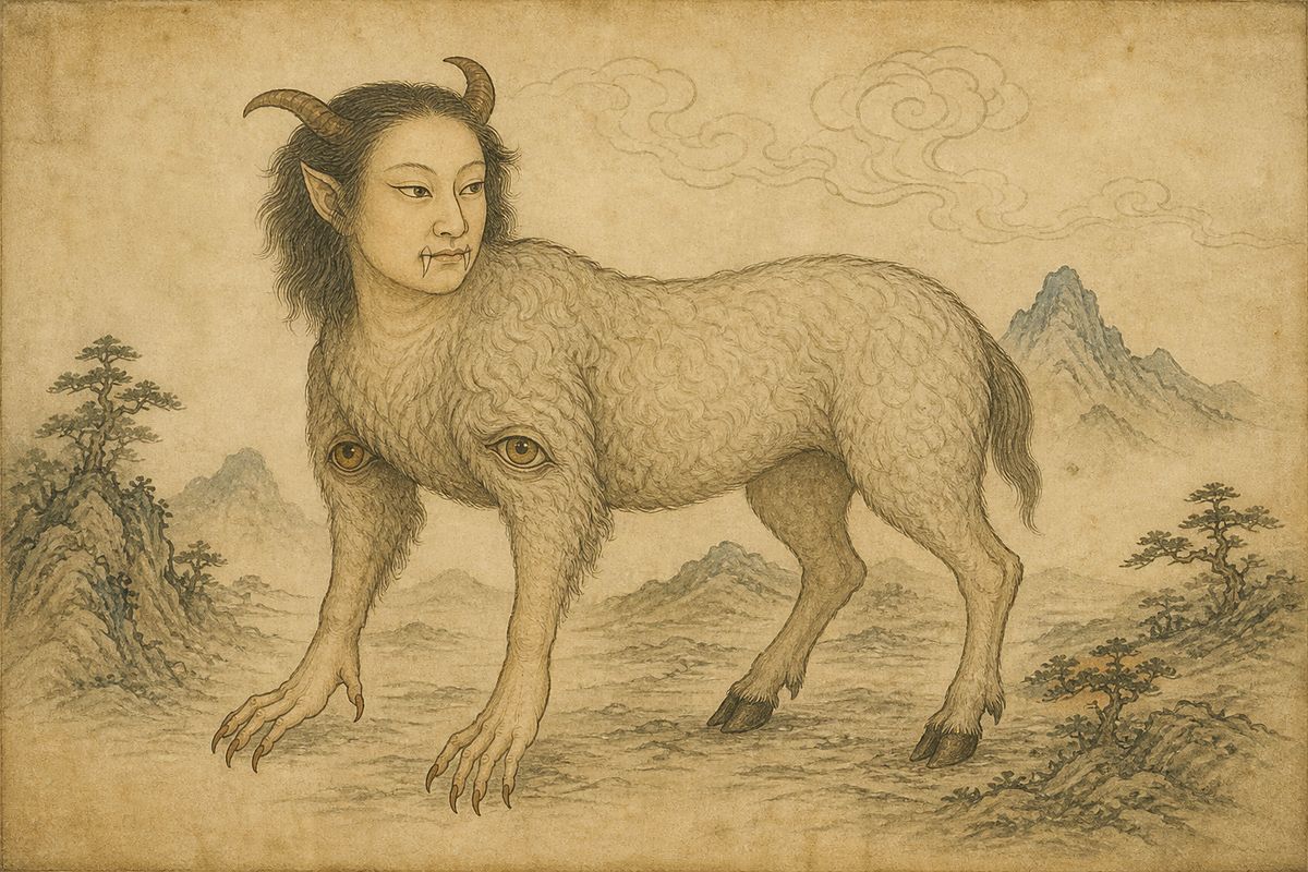 Bao Xiao (狍鸮) and Taotie (饕餮) mythic form in a restrained Shan Hai Jing style illustration