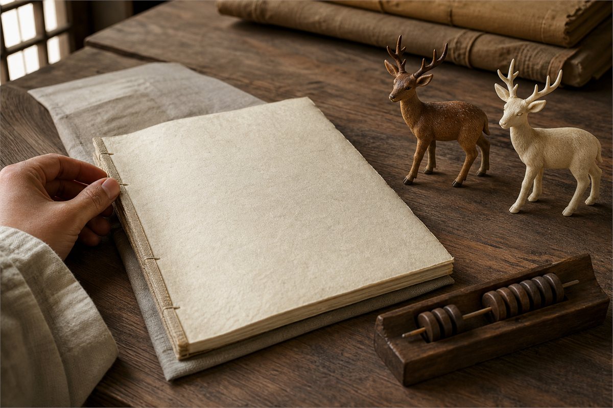 Hand holding a blank thread-bound folio beside brown and white deer models on a scholar desk