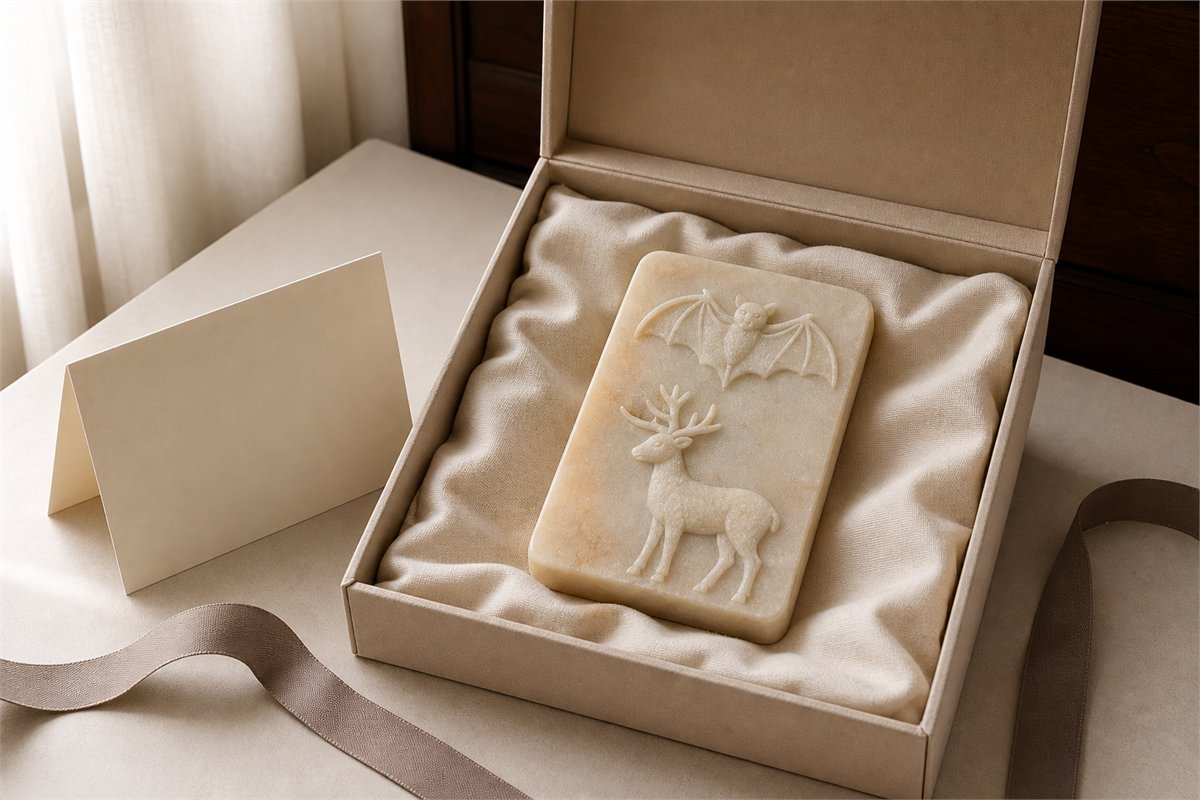 Modern pale stone plaque with one bat and one deer in a linen gift box