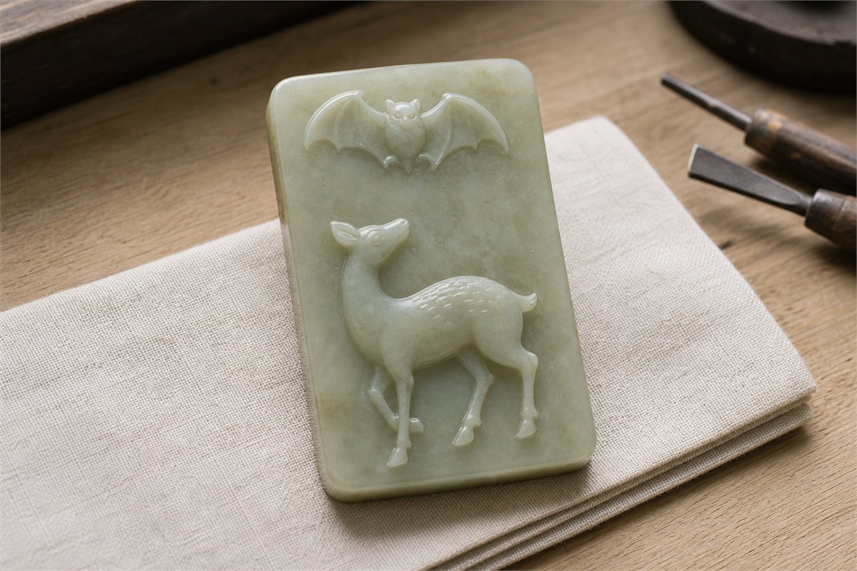 Pale jade plaque carved with one bat and one deer beside carving tools