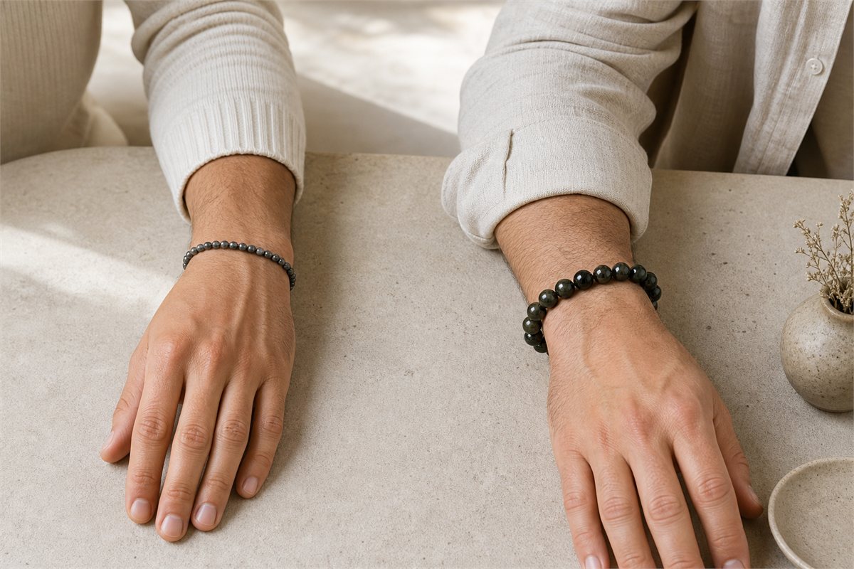 Two men’s wrists wearing a fine dark bead bracelet and a substantial large-bead bracelet