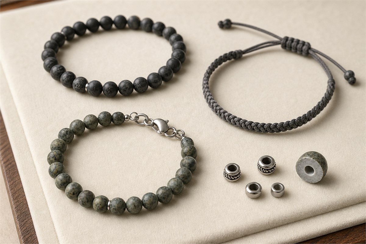 Elastic, braided sliding-knot, and clasp bracelets with metal spacers and a drilled stone bead
