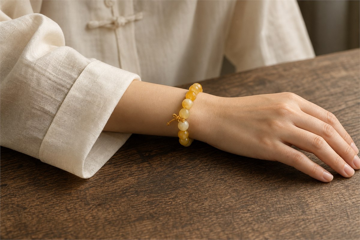 Adult wrist wearing creamy beeswax amber with a cream linen Chinese-style sleeve.