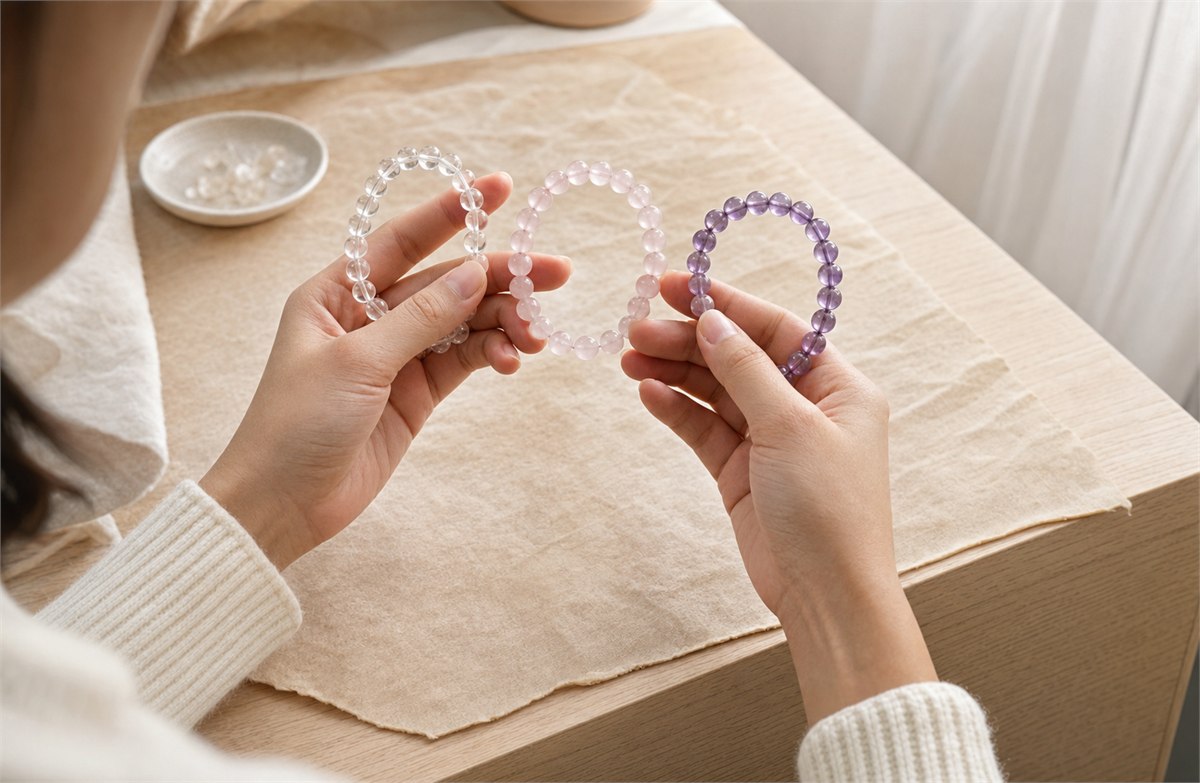 Hands comparing clear quartz, rose quartz, and amethyst bracelets at a quiet natural-light jewelry table