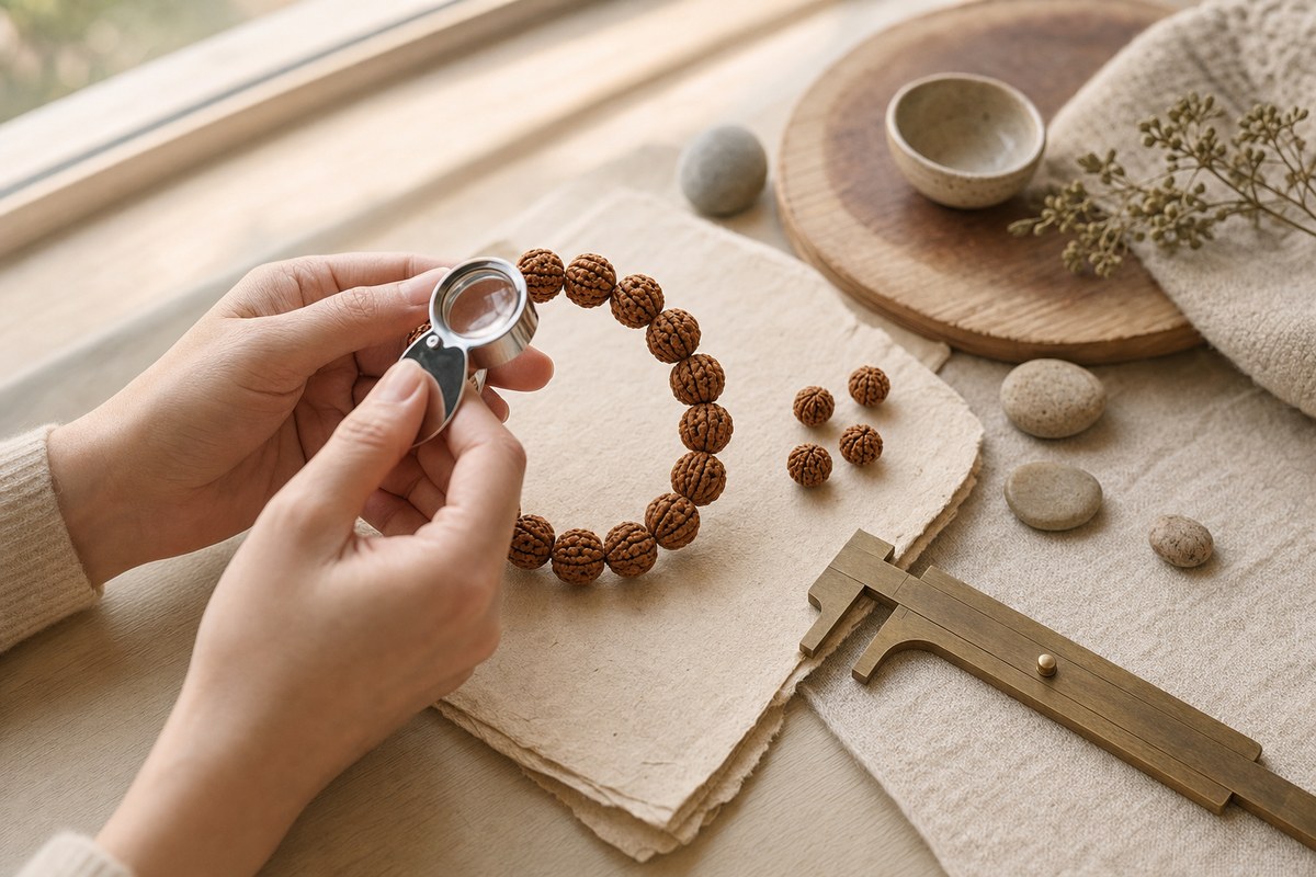 Matched five-faced Rudraksha bracelet inspected with a loupe and brass calipers in natural light