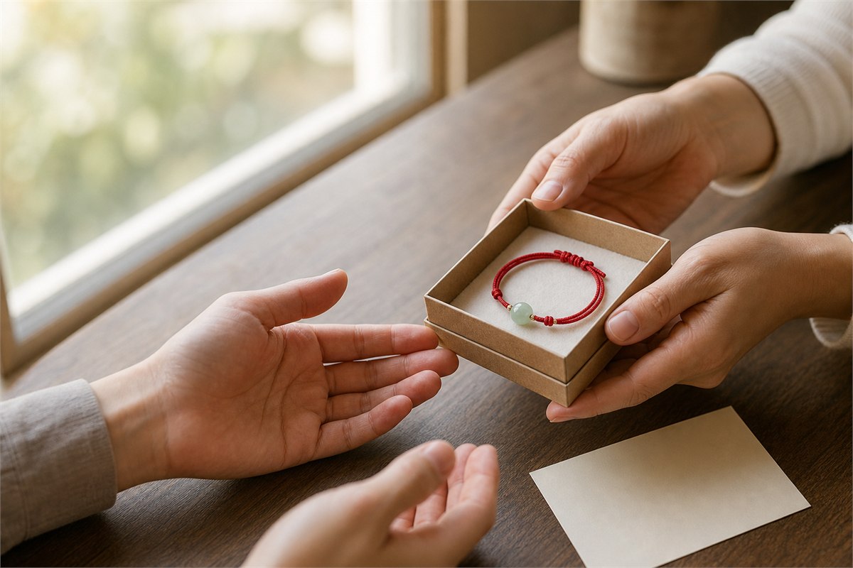 Adult hands offering an open paper jewelry box with a red cord and jade bracelet