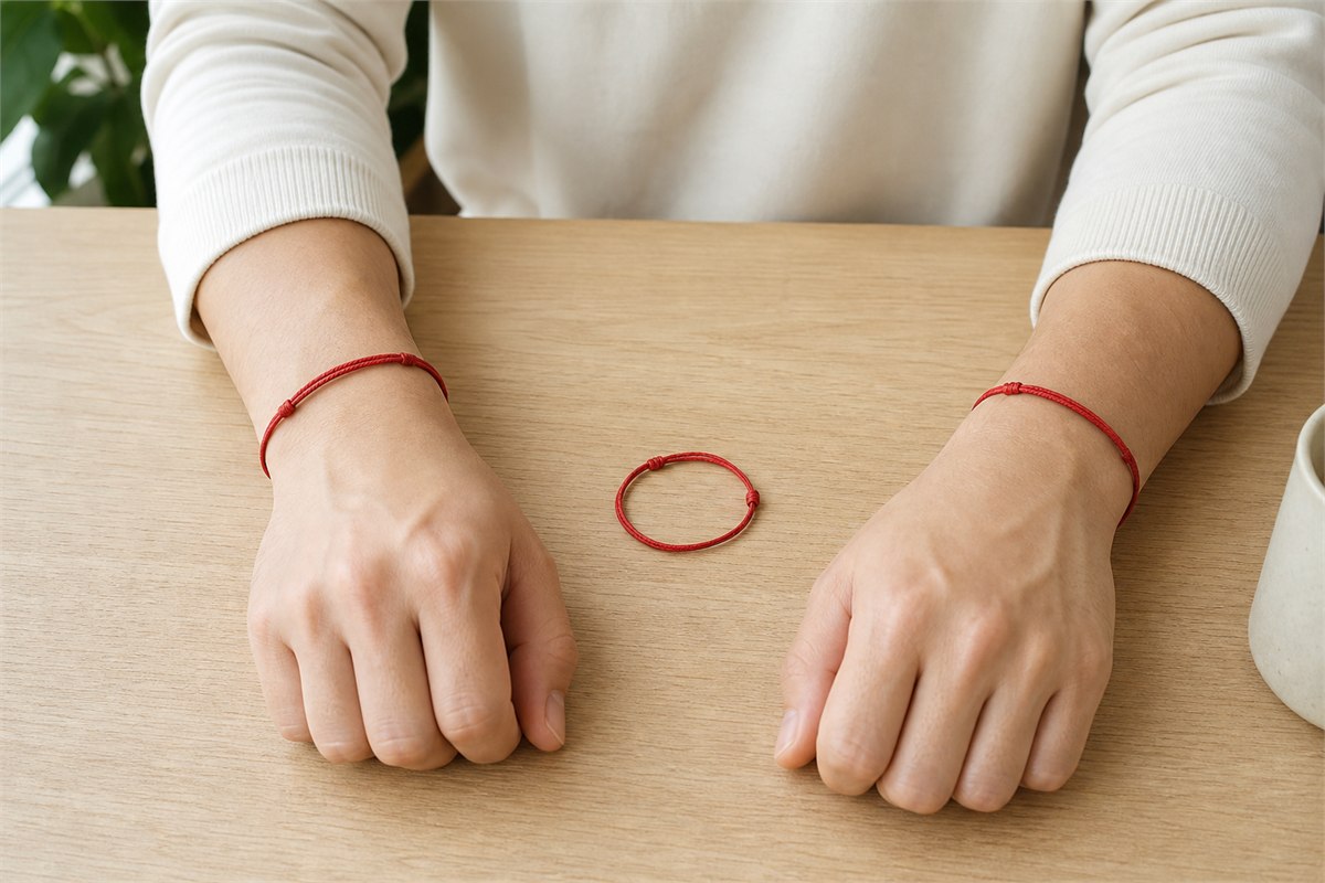 Adult forearms comparing simple red cord bracelets on the left and right wrists at a light wood desk