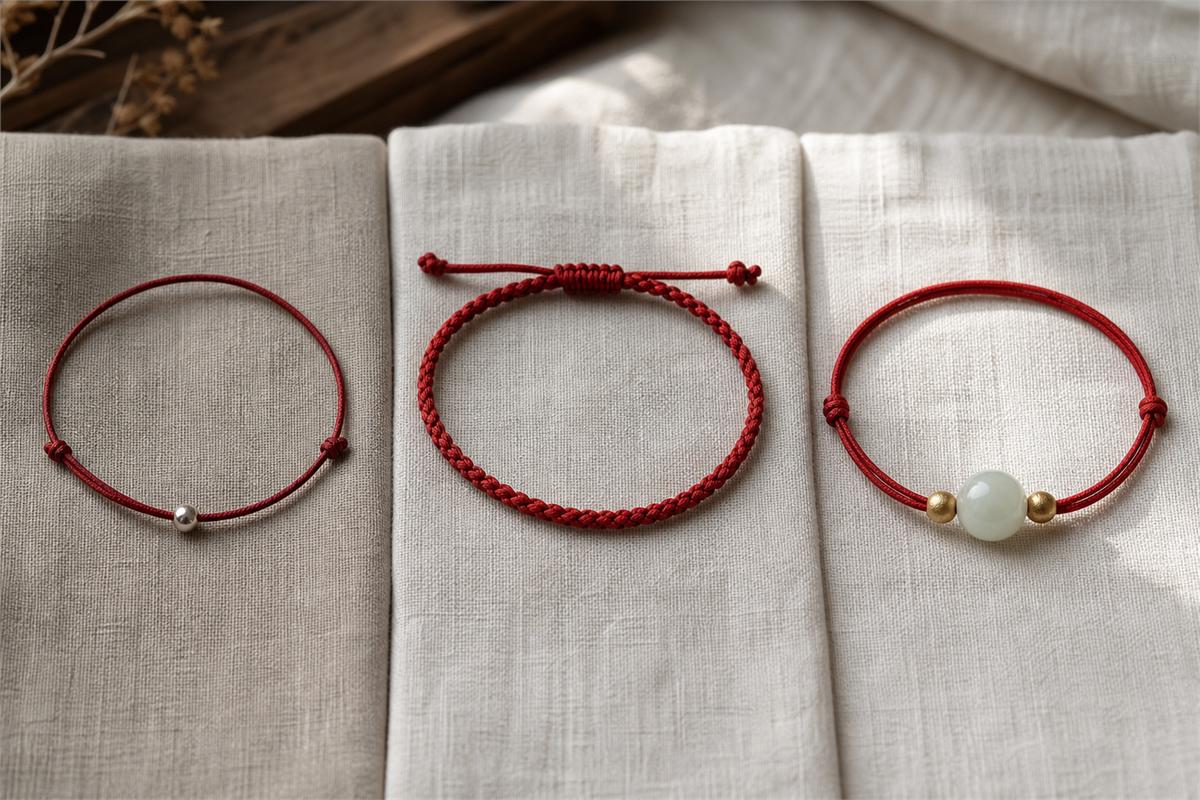 Three red cord bracelets in minimal, braided active, and jade-accent formal styles