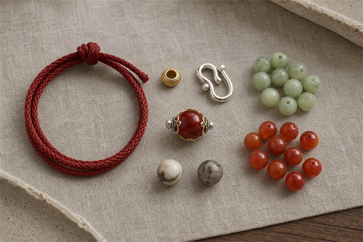 Red cord, gold and silver fittings, pale jade, red agate, deep-red bead, and natural stone components